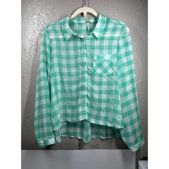 Free People Tops - Free People Green‎ Checkered Button Up Long Sleeve Lightweight Top Size Medium